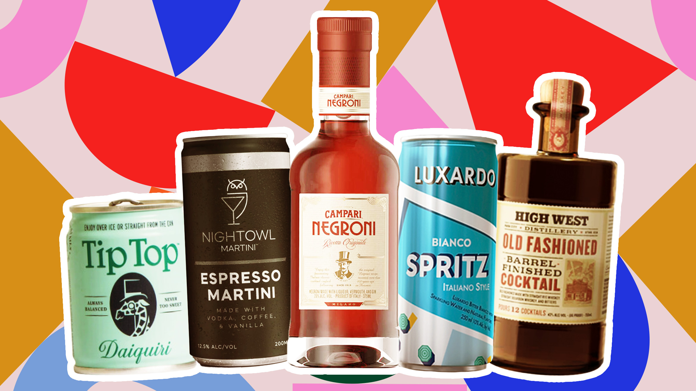 A collage of canned and bottled cocktails, including a Tip Top daiquiri, Night Owl espresso martini, Campari negroni, a Luxardo Spritz, and a High West Old Fashioned. 