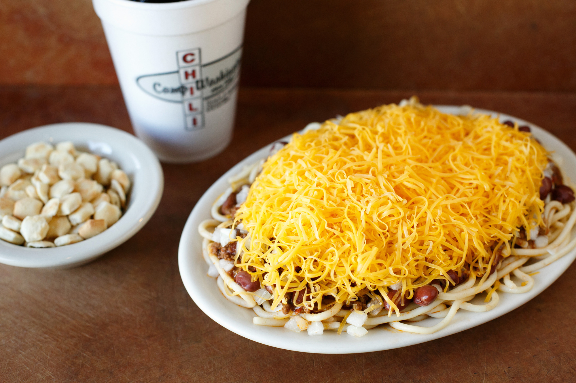 Camp Washington’s chili-topped spaghetti on a table