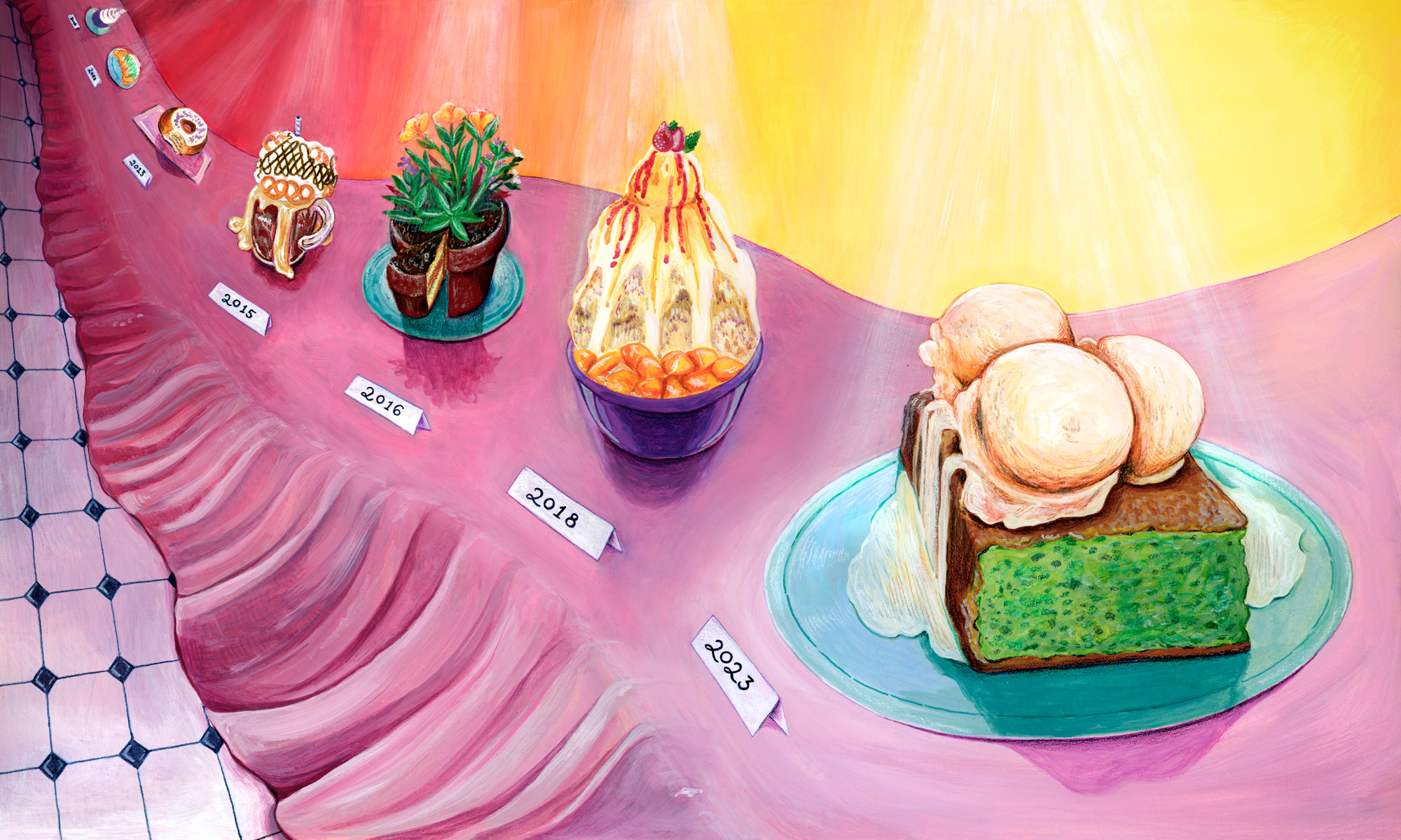 An illustration of a banquet table set with desserts behind name plates with various years stretching back in time