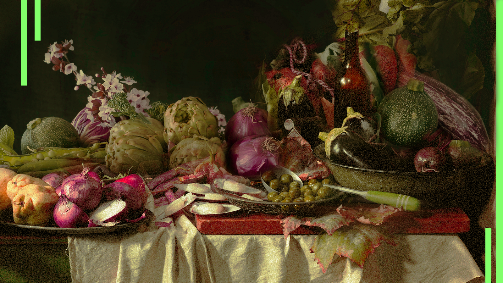 A still life of plates and bowls overflowing with vegetables. 