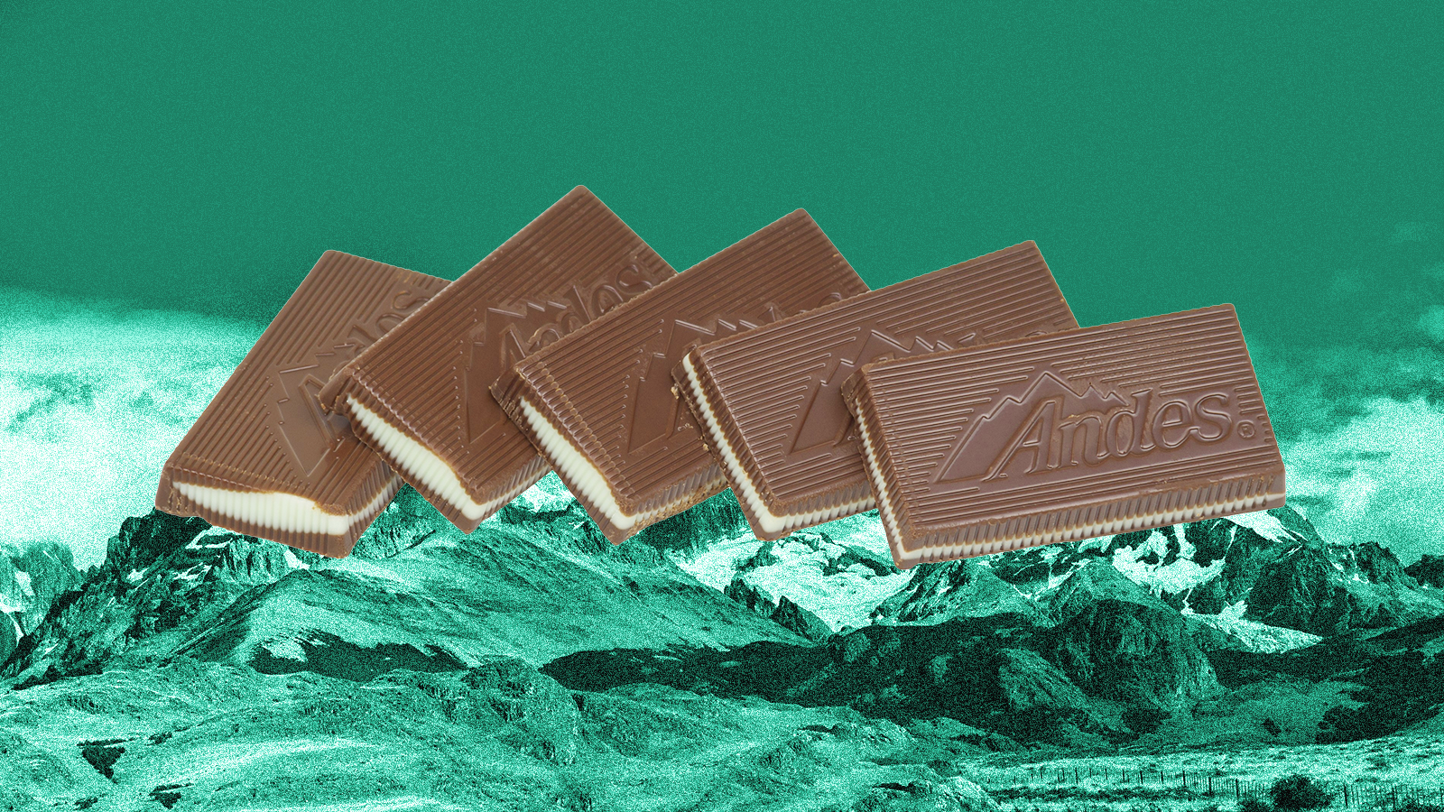 Ande’s mints on a green-hued photo of mountains