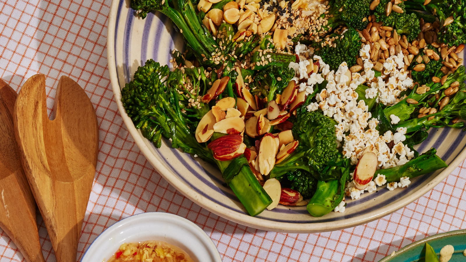 An overhead view of broccolini salad.