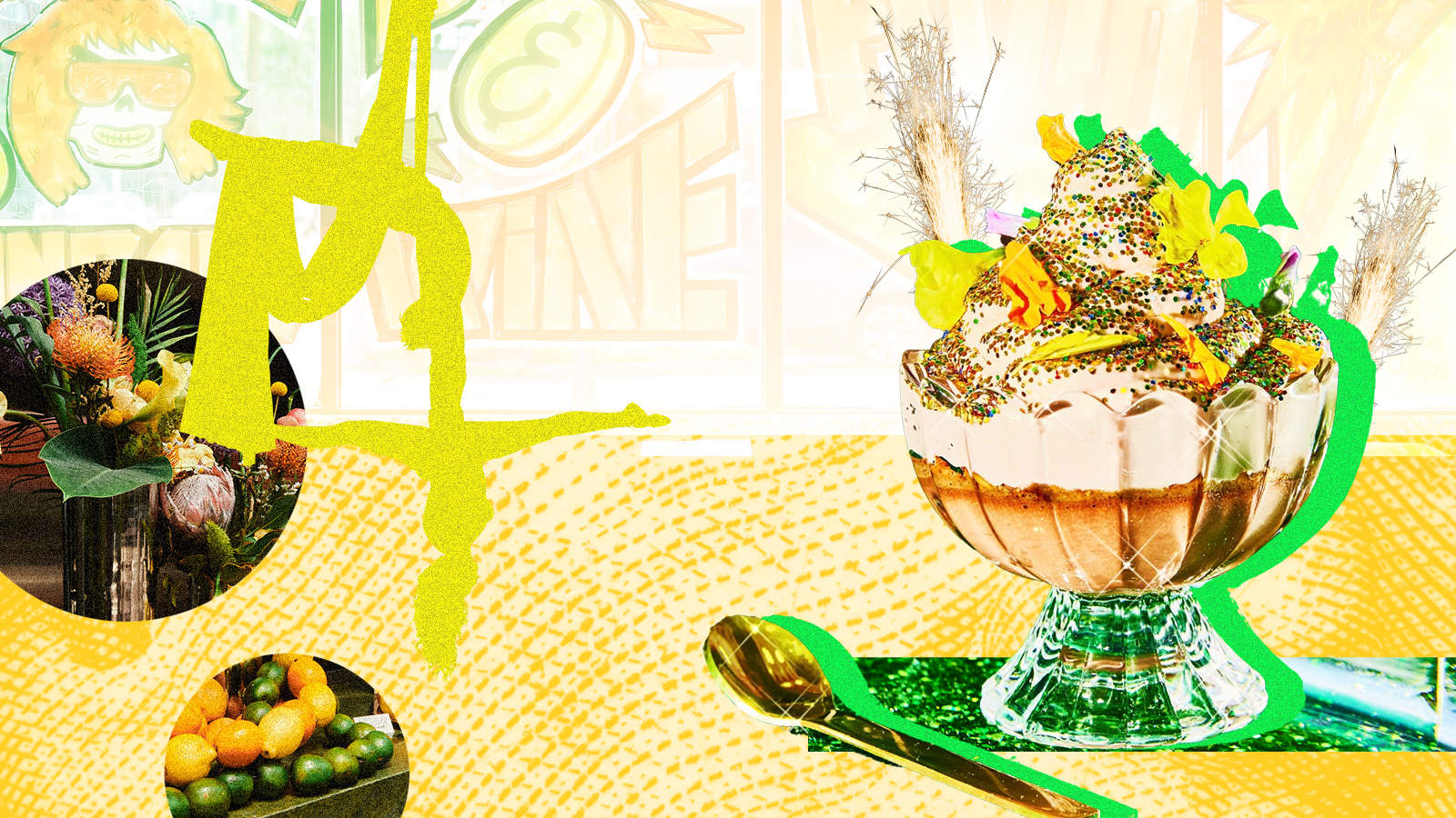 Bright yellow and green colors accent dishes and art designs.
